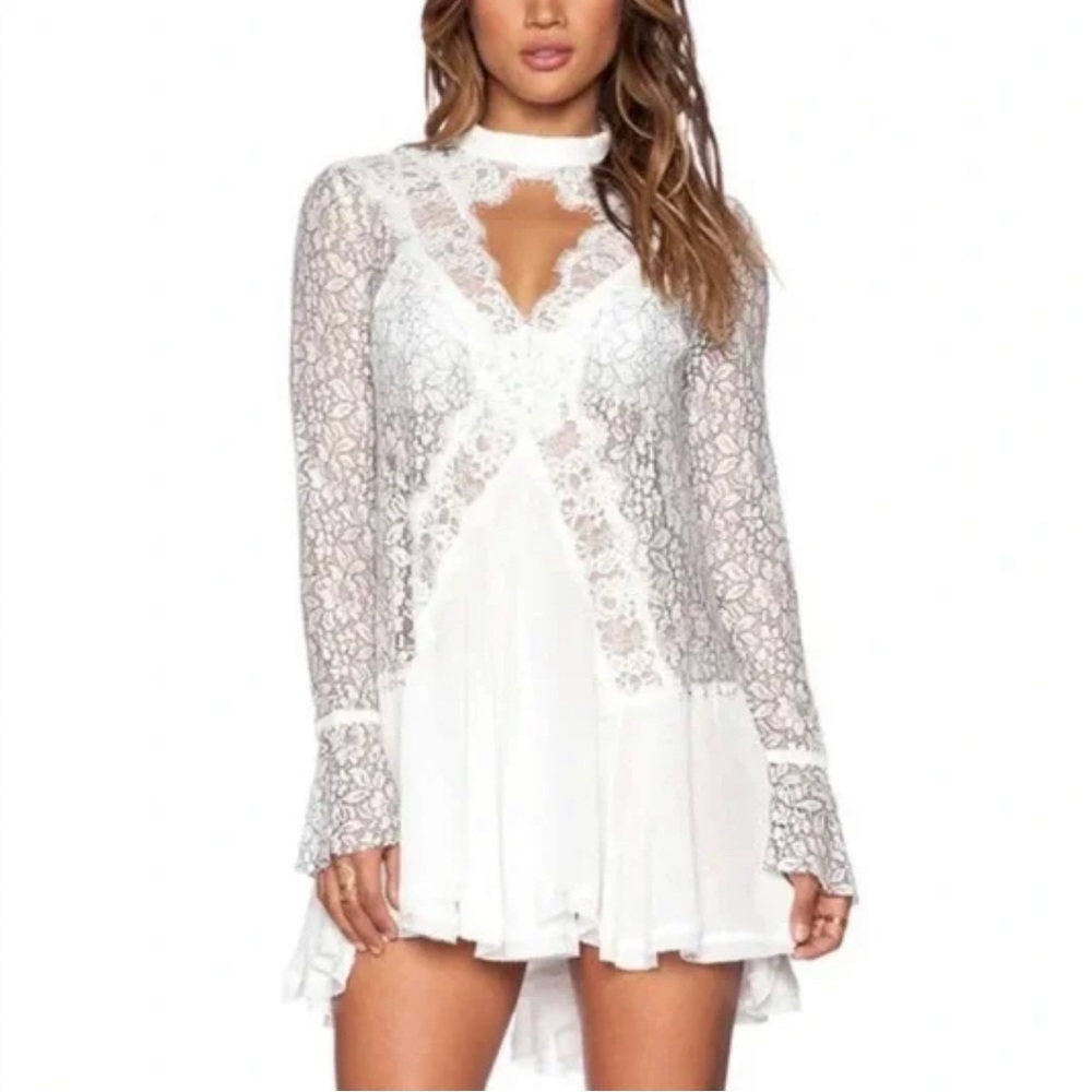 Free People White Lace Tell Tale Long Sleeve Tunic Dress S